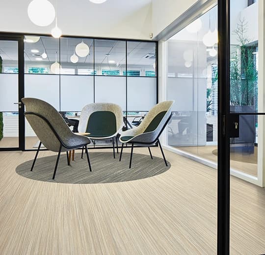 Forbo Marmoleum Bleached Gold Marmoleum on Waterproof HDF Core with Cork Backing Flooring — Cinch LOC SEAL (Plank) — installed in room