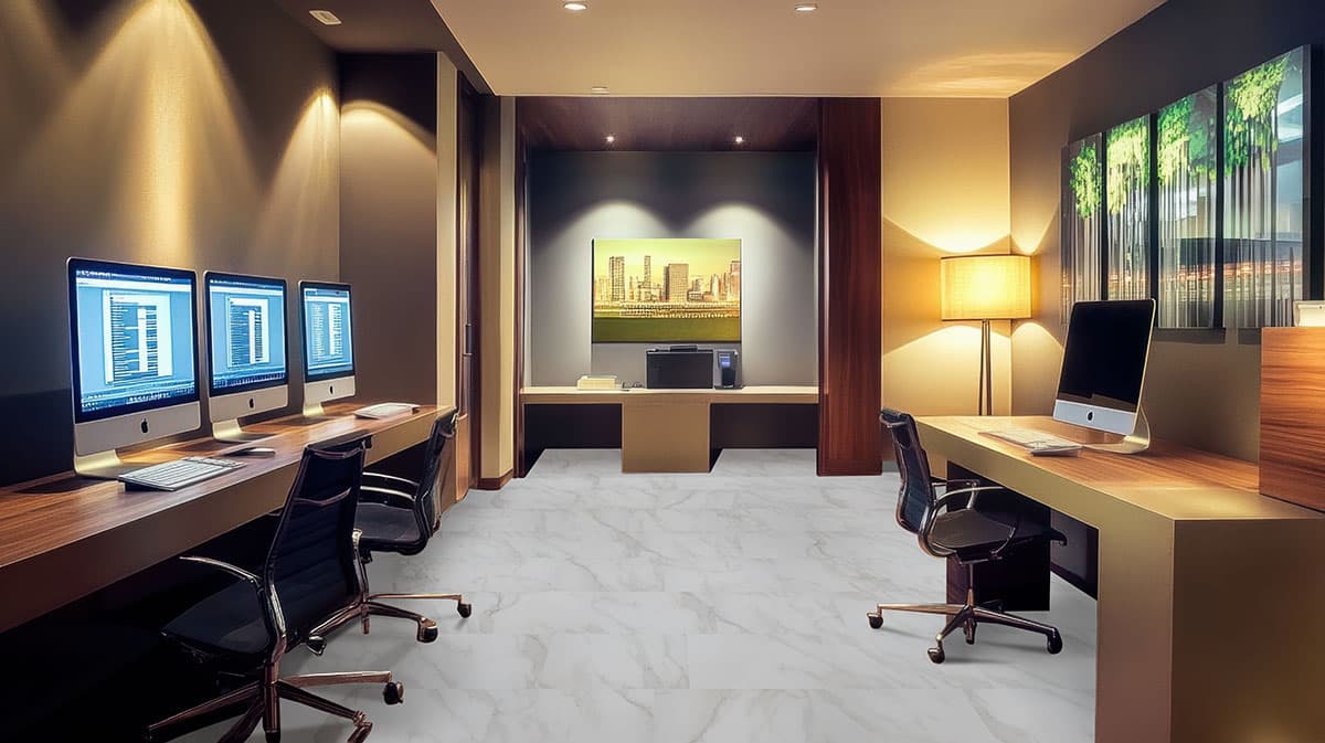 MSI Everlife Calacatta Venosa Gold 100% Waterproof Rigid Core (SPC) Flooring — Trecento Collection — installed in room