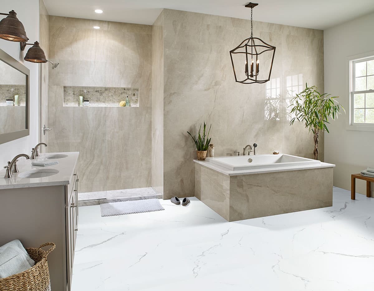 MSI Everlife Calacatta Serra 100% Waterproof Rigid Core (SPC) Flooring — XL Trecento Collection — installed in room