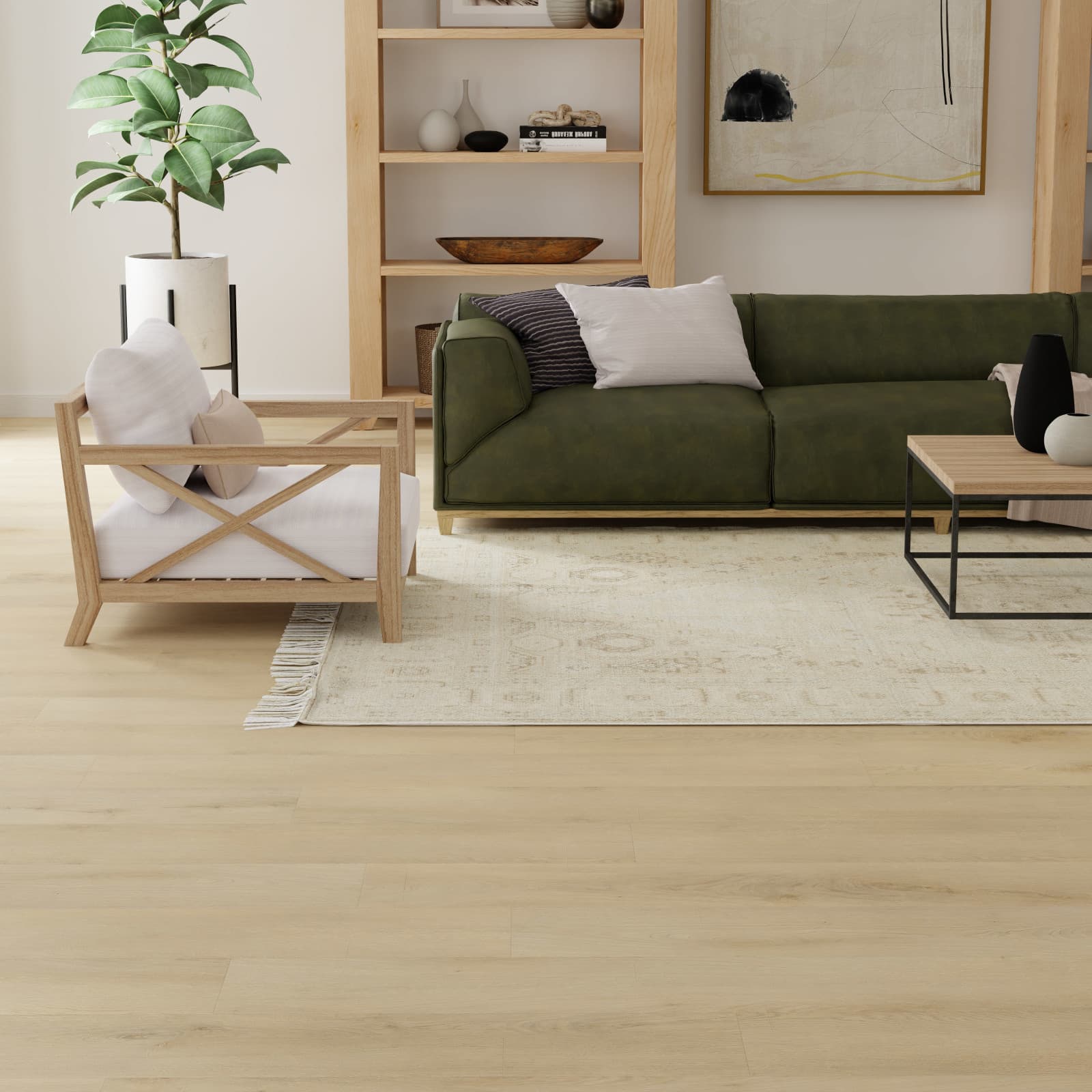CALI Vinyl Select Eastern Swell - warm sandy tan waterproof vinyl plank in a Cape Cod coastal rental living room