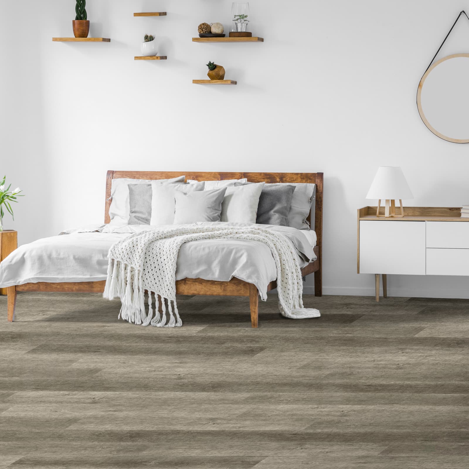 CALI Vinyl Select Dusty Dune - soft warm gray waterproof vinyl plank in a coastal-leaning rental living room