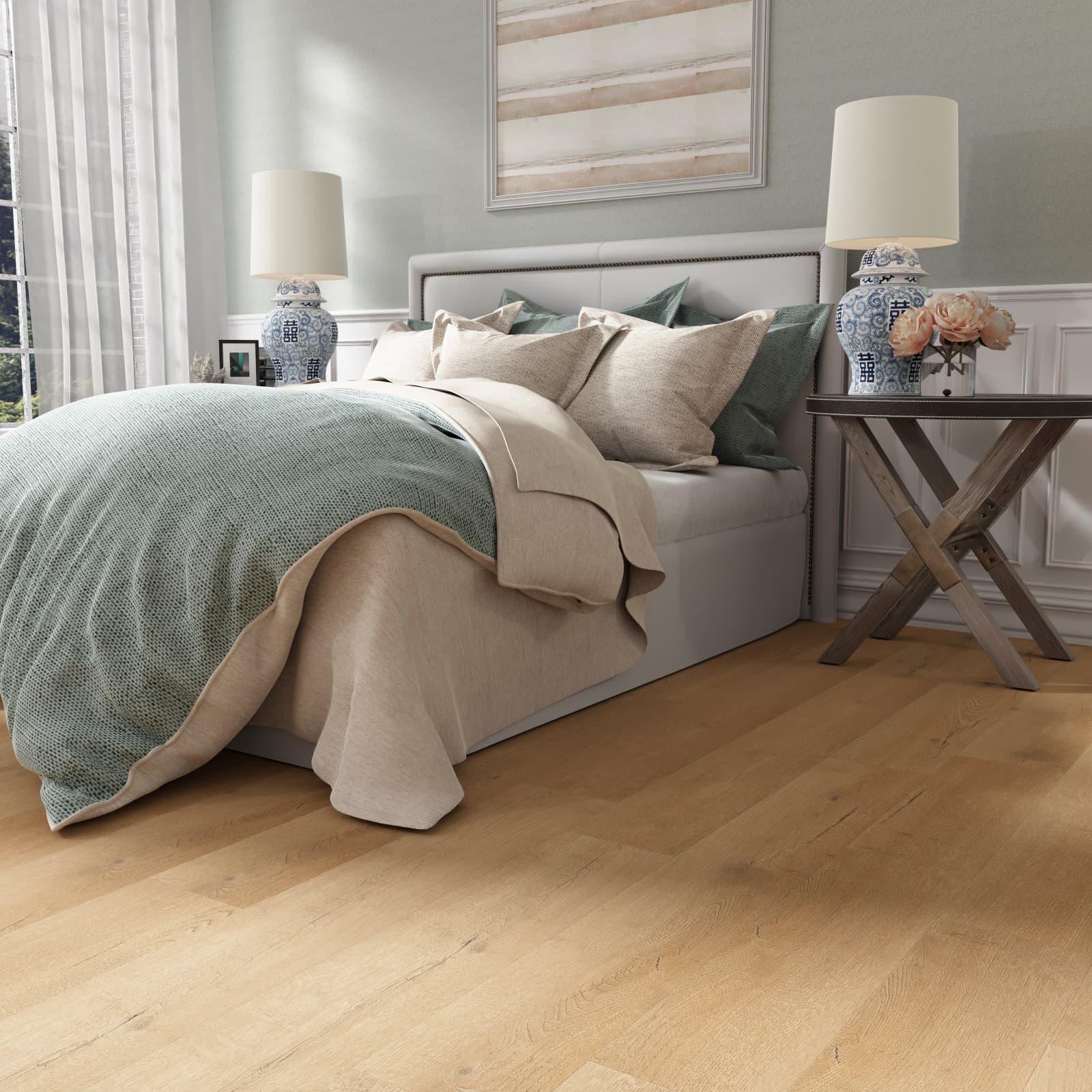 CALI Vinyl Select Island Palm - warm honey amber waterproof vinyl plank in a warm-traditional living room