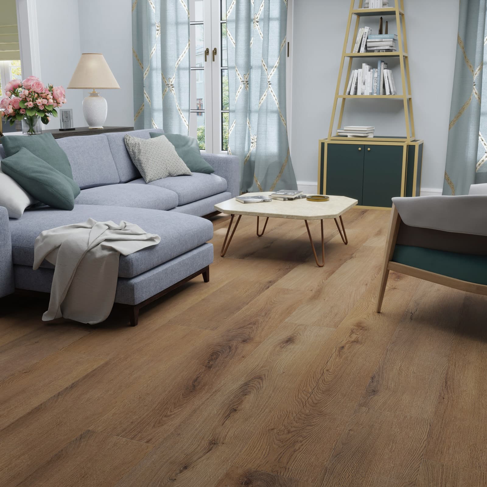 CALI Vinyl Select Deep Lagoon - deep dark brown waterproof vinyl plank in a moody basement living space