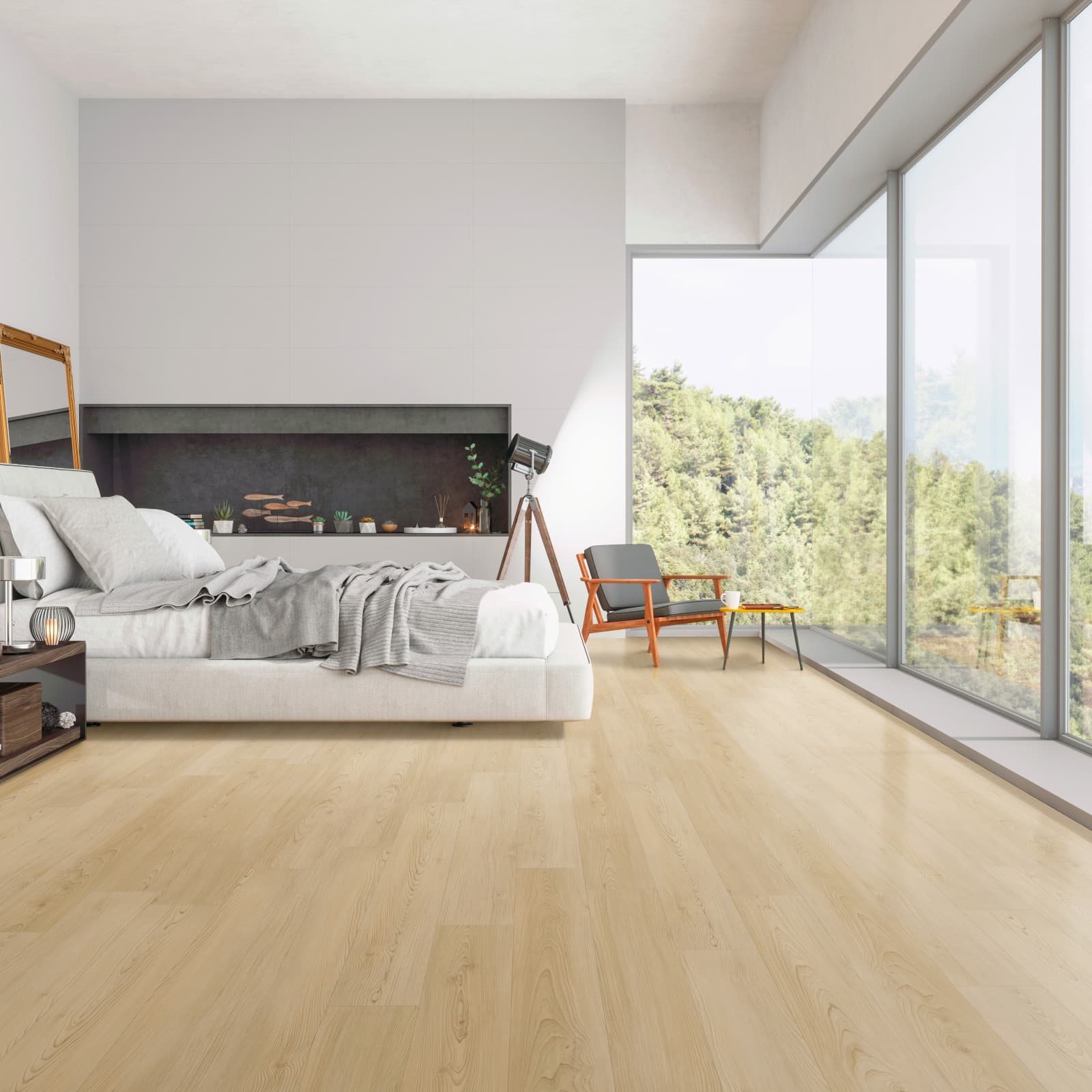 CALI Vinyl Select Caspar Cream - pale cream blonde waterproof vinyl plank in a bright airy rental bathroom