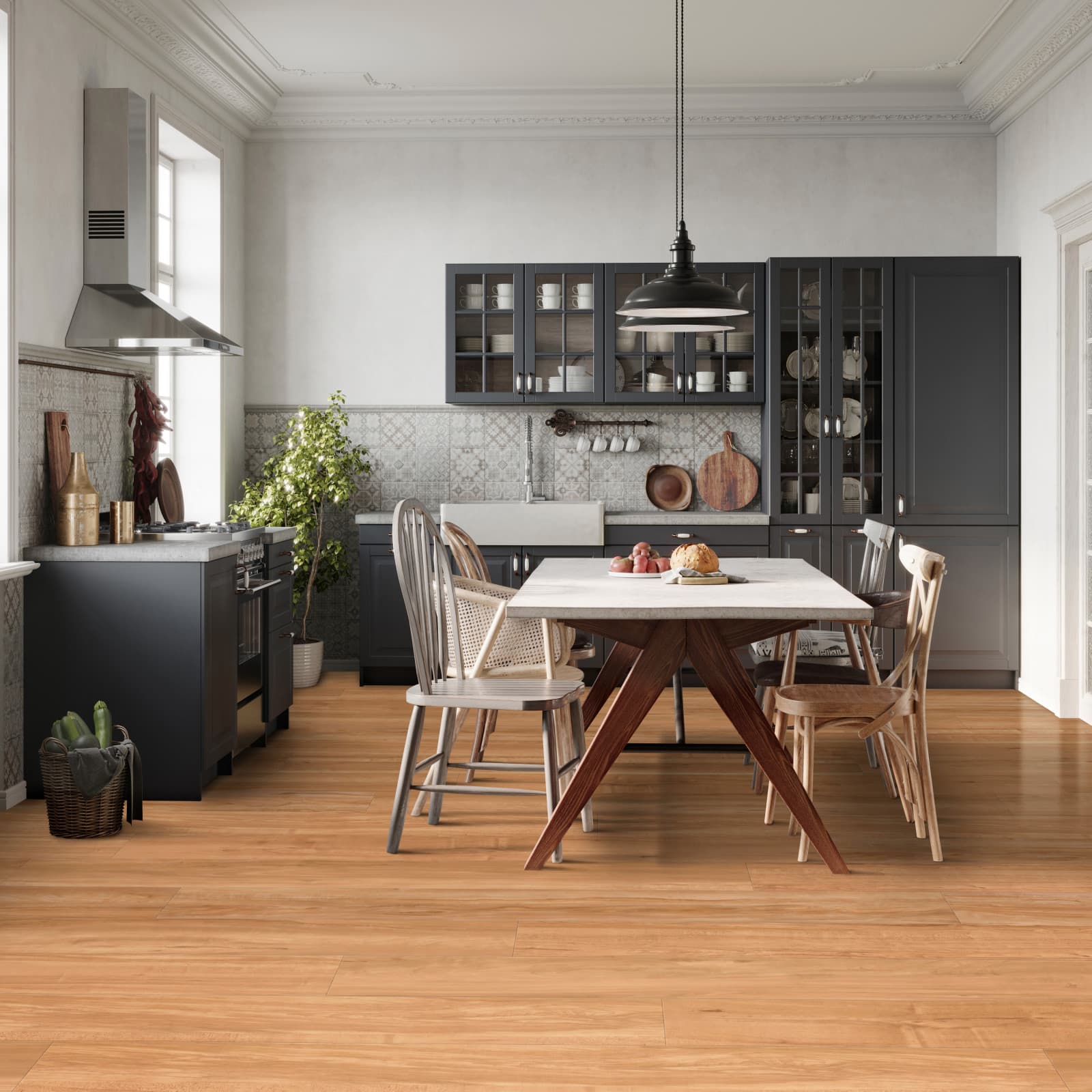 Colonial style blonde vinyl flooring in a traditional kitchen with crown molding and Windsor chairs
