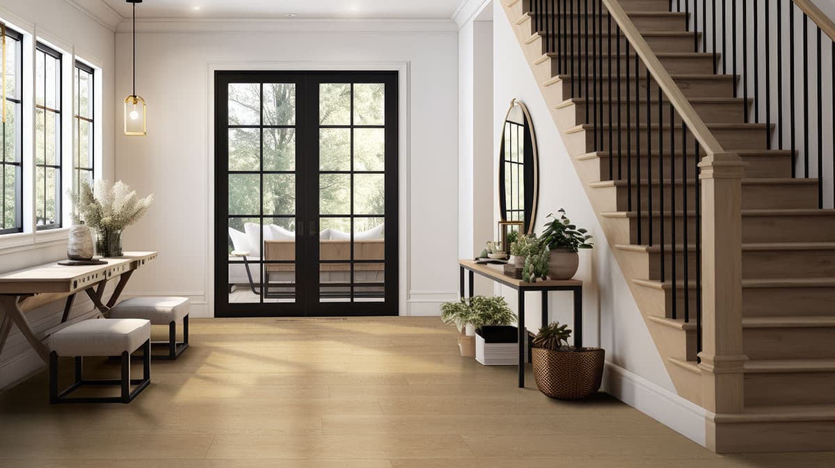 MSI Laurel Reserve Coastal Cottage - weathered blonde vinyl plank in a bright coastal entryway
