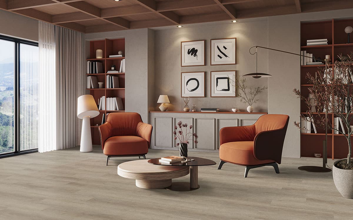 MSI Laurel Reserve Saddle Wood - warm-grounded gray vinyl plank in a modern living room with charcoal accents