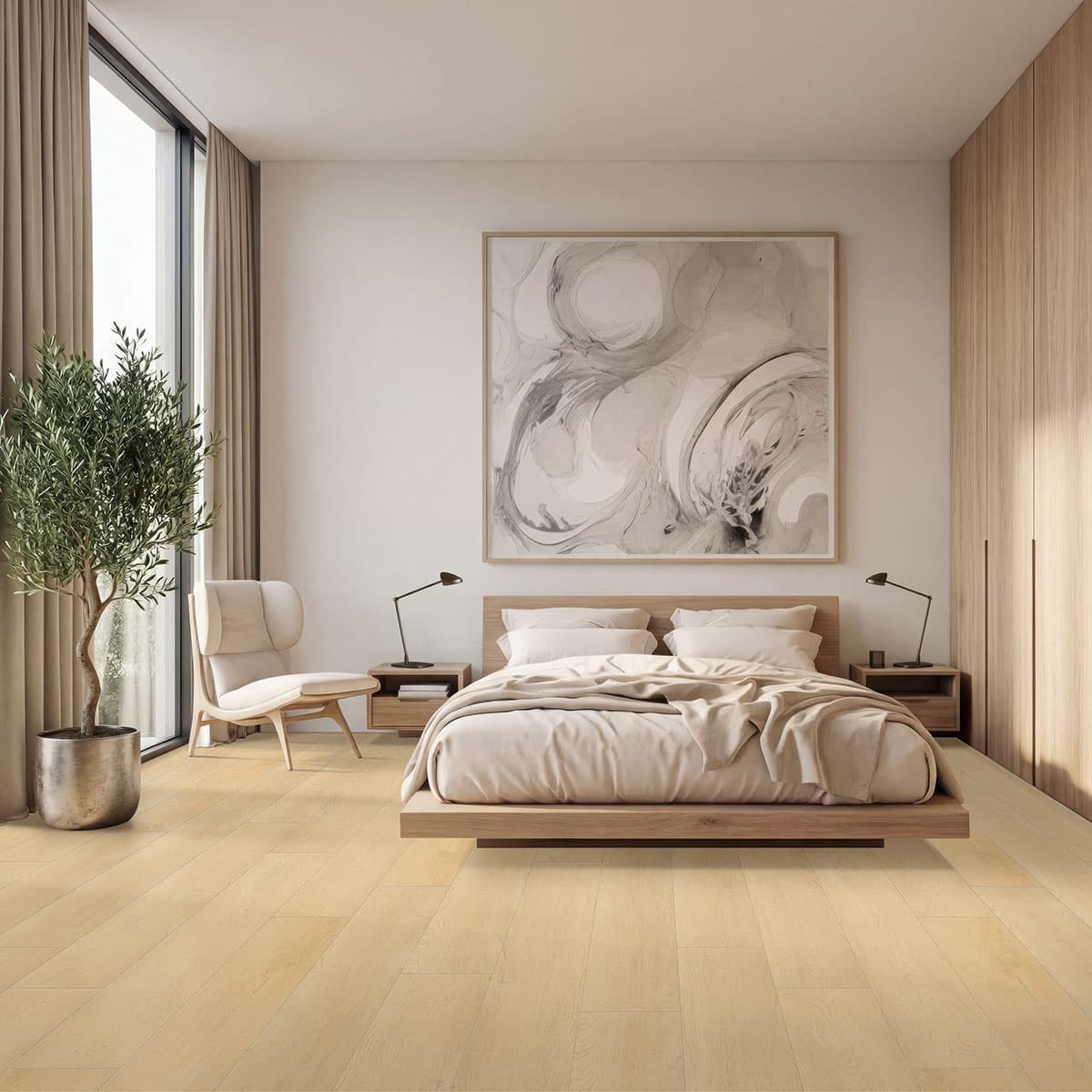 MSI Wayne Parc Reserve Mellshire - light blonde vinyl plank with soft taupe undertones in a refined bedroom